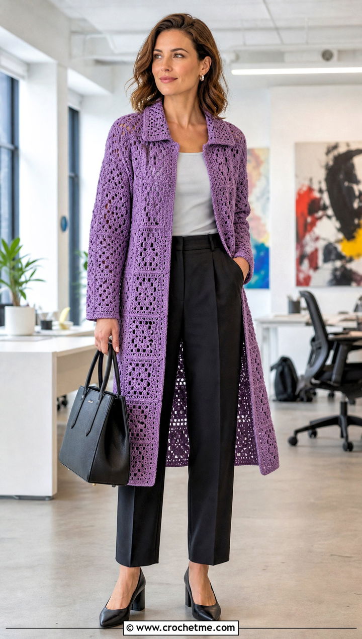 Collared Granny Square Long Cardigan With Pleated Trousers - 25 crochet granny square long cardigan outfit ideas
