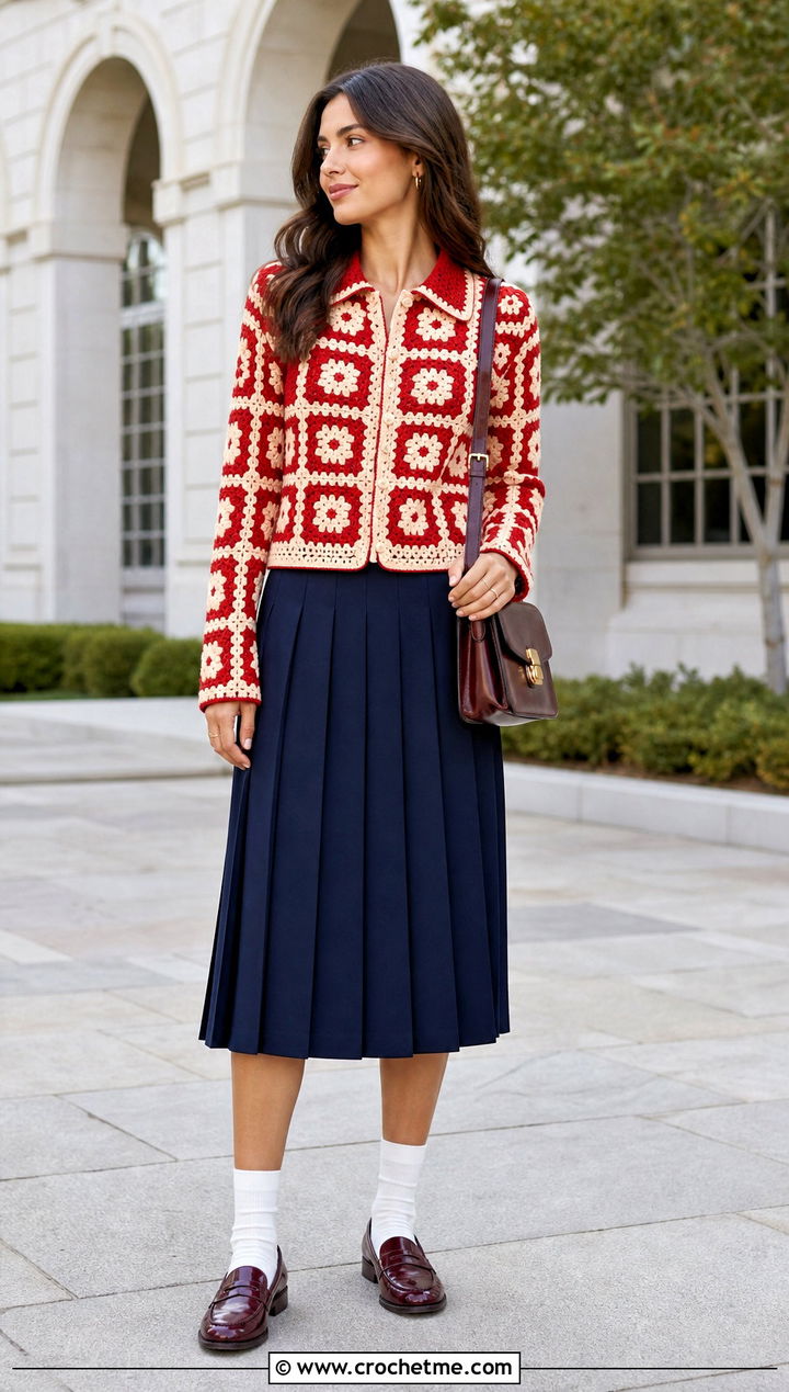 Collared Granny Square Long Sleeve Top With Pleated Midi Skirt - 20 Granny Square Long Sleeve Top outfit ideas