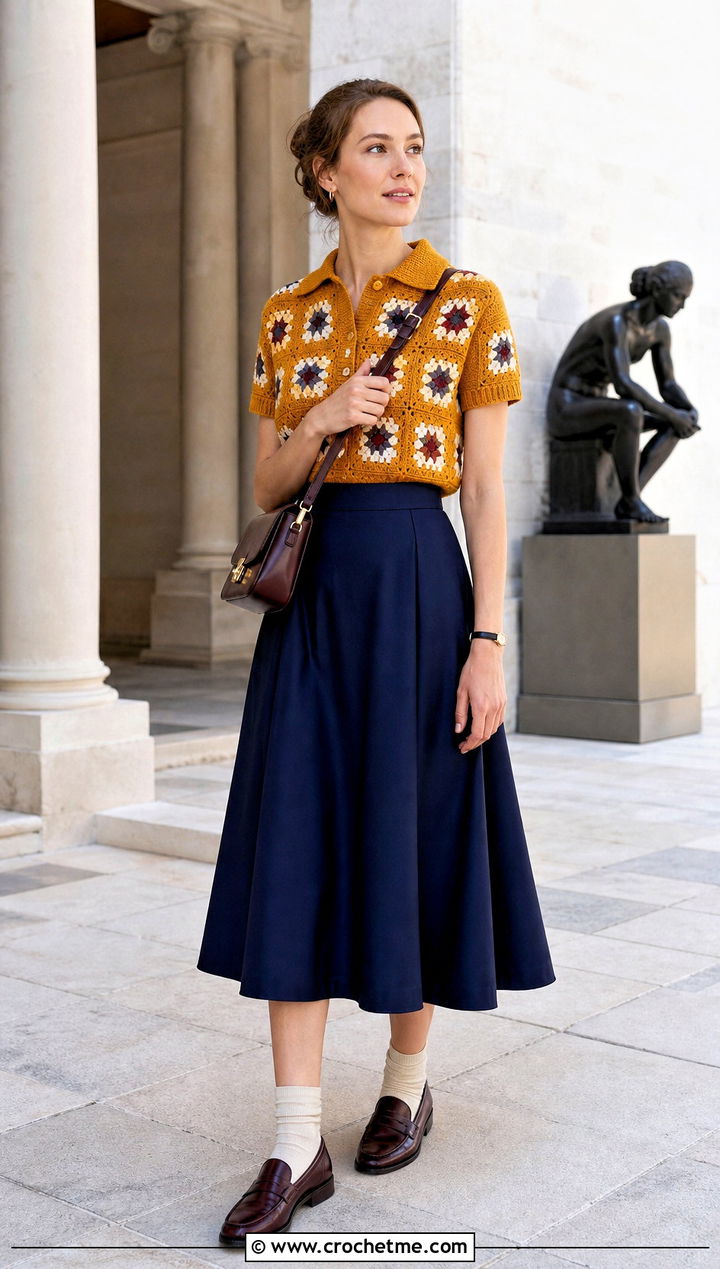 Collared Granny Square Polo Top With A Line Skirt - 20 Crochet Granny Square Tops For Women outfit ideas