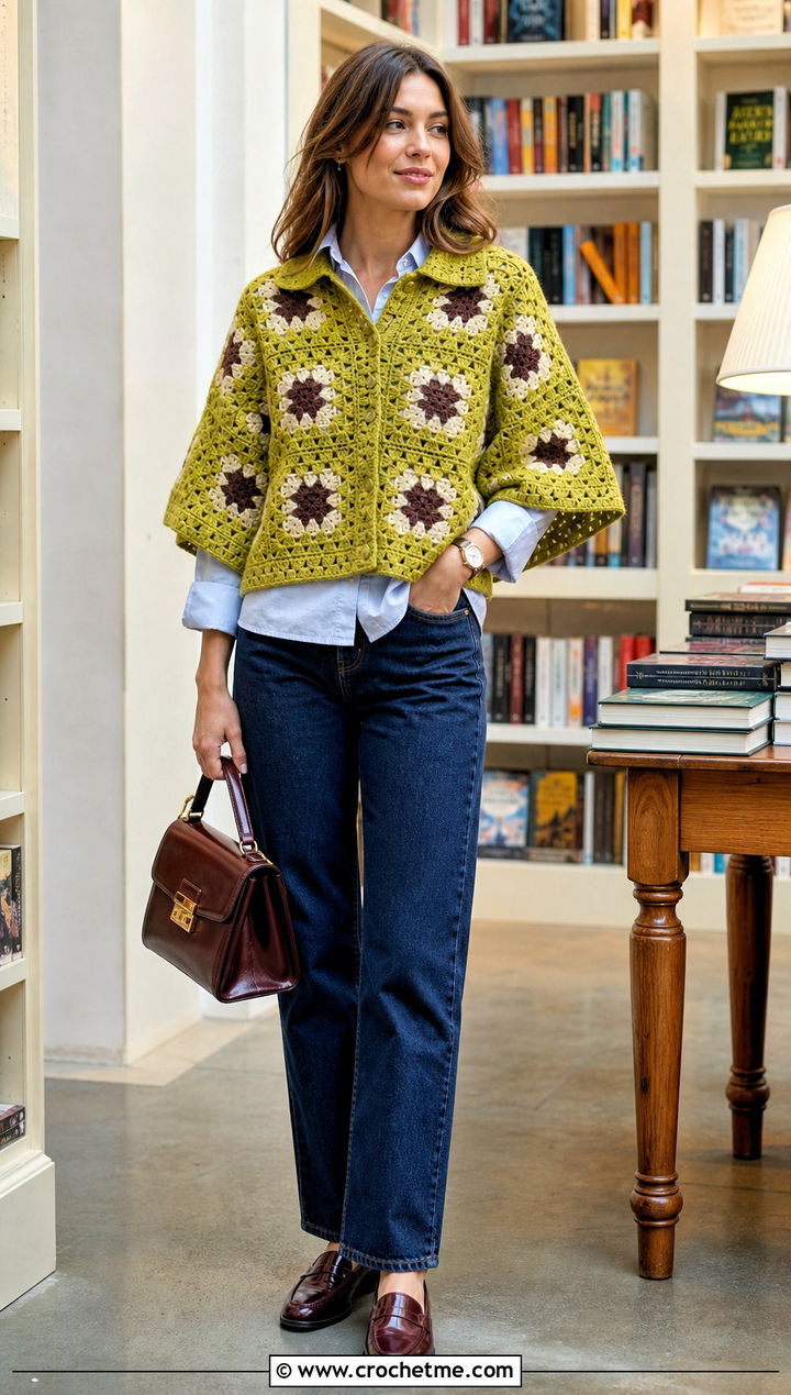 Collared Granny Square Poncho With Dark Wash Jeans - 25 Granny Squares Poncho outfit ideas