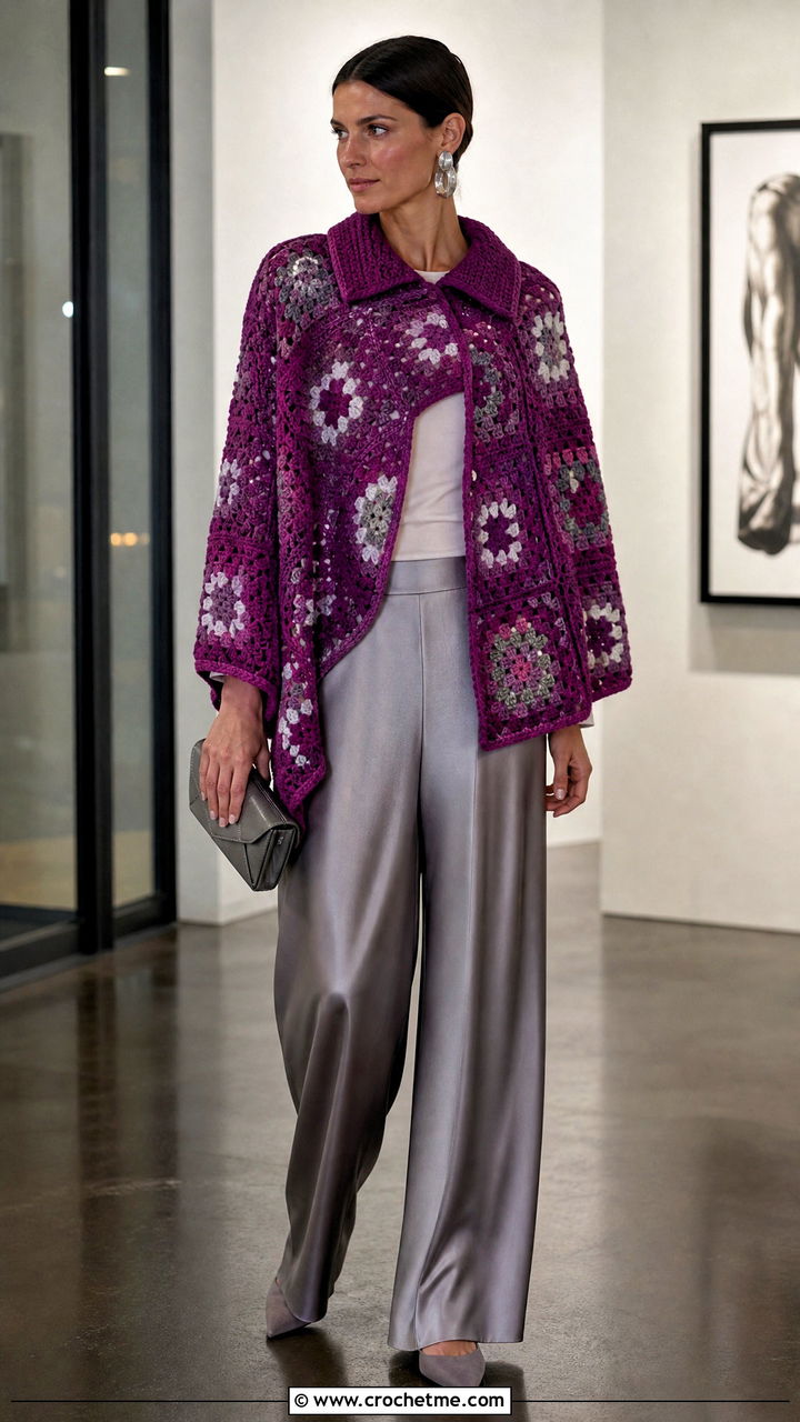 Collared Granny Square Poncho With Satin Pants - 35 crochet granny square poncho outfit ideas