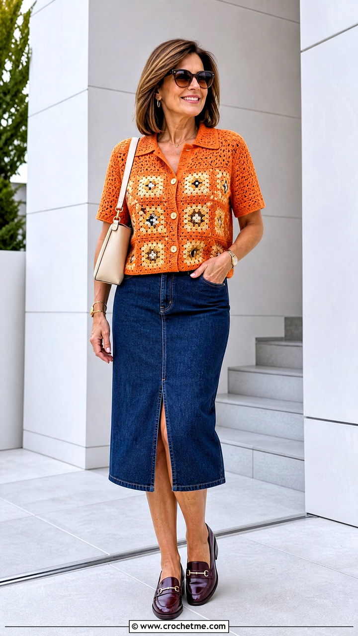 Collared Granny Square Shirt Top With Denim Midi Skirt - 35 granny square summer top outfit ideas