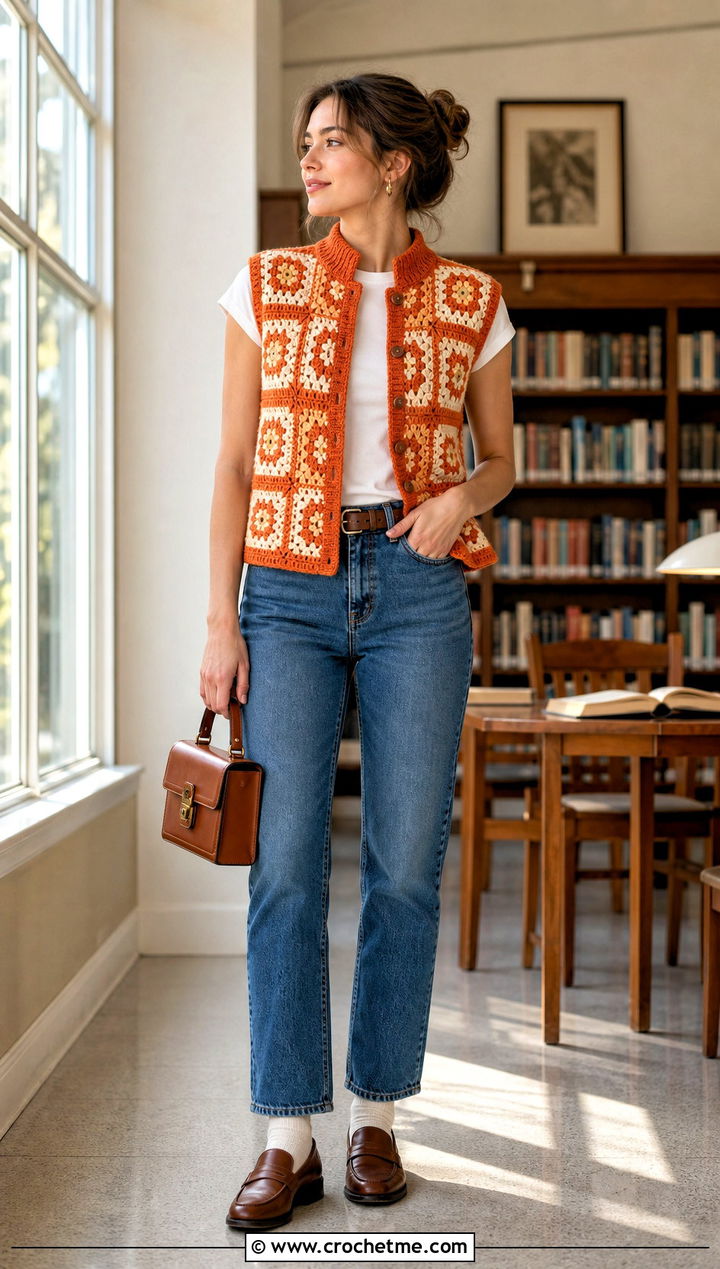 Collared Granny Square Sleeveless Cardigan With Straight Jeans - 30 granny square sleeveless cardigan outfit ideas