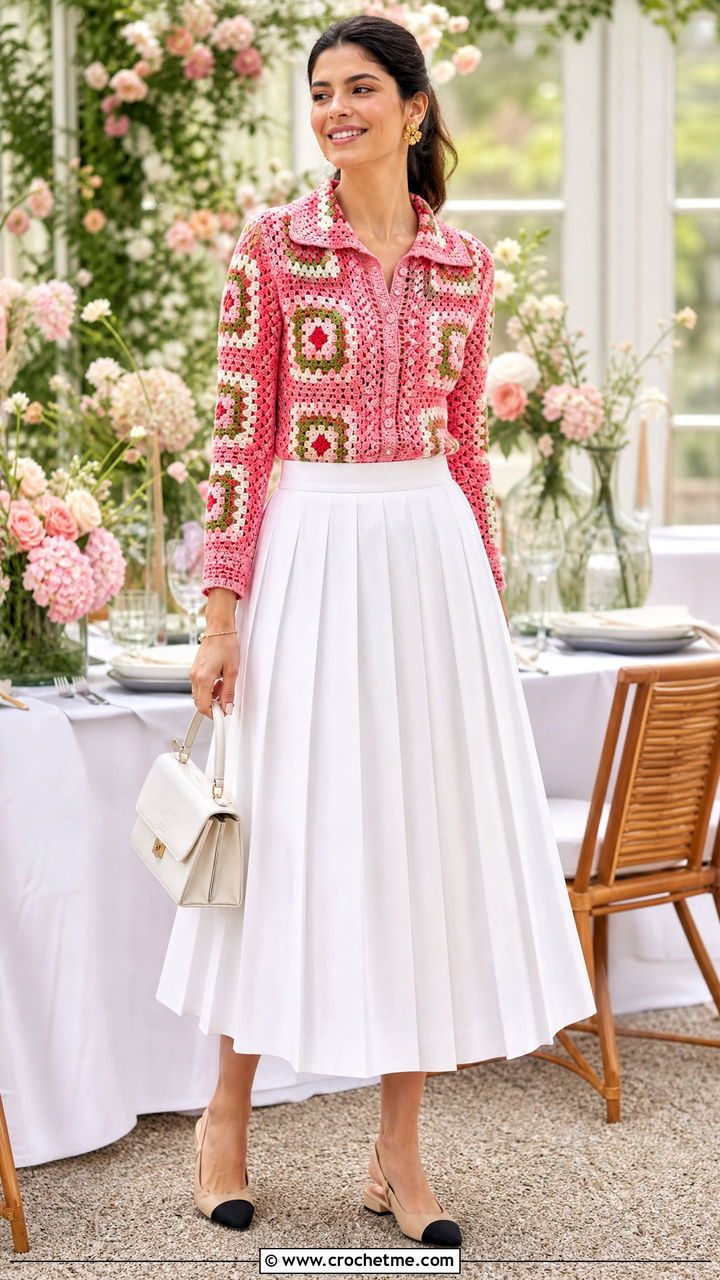 Collared Granny Square Sweater With Poplin Midi Skirt - 35 granny square sweater outfit ideas