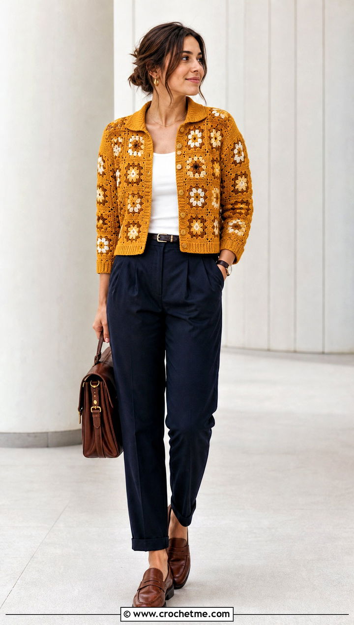 Collared Granny Square Tie Cardigan With Pleated Chinos - 25 Granny Square Tie Cardigan outfit ideas