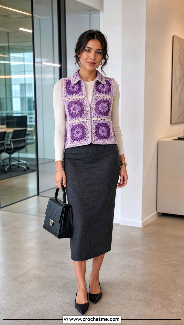 Collared Granny Square Waistcoat With Pencil Skirt - 25 crochet granny square waistcoat outfit ideas