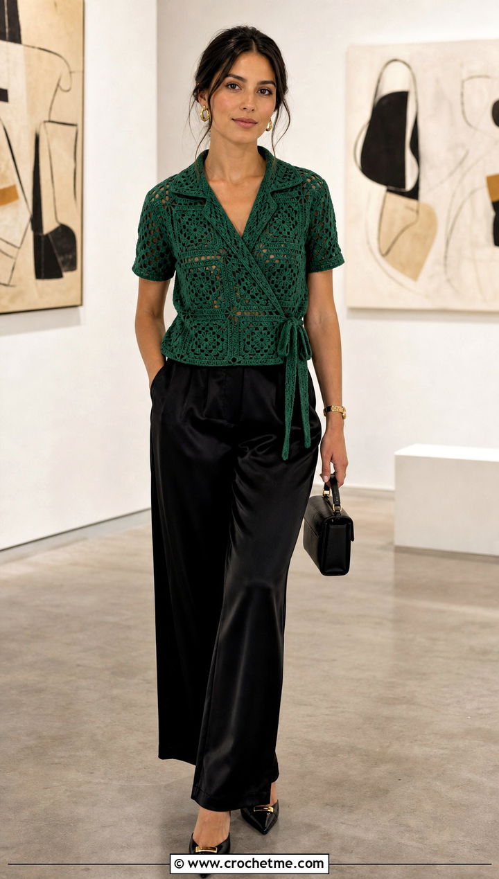 Collared Granny Square Wrap Top With Silk Trousers - 35 granny square wrap top outfit ideas