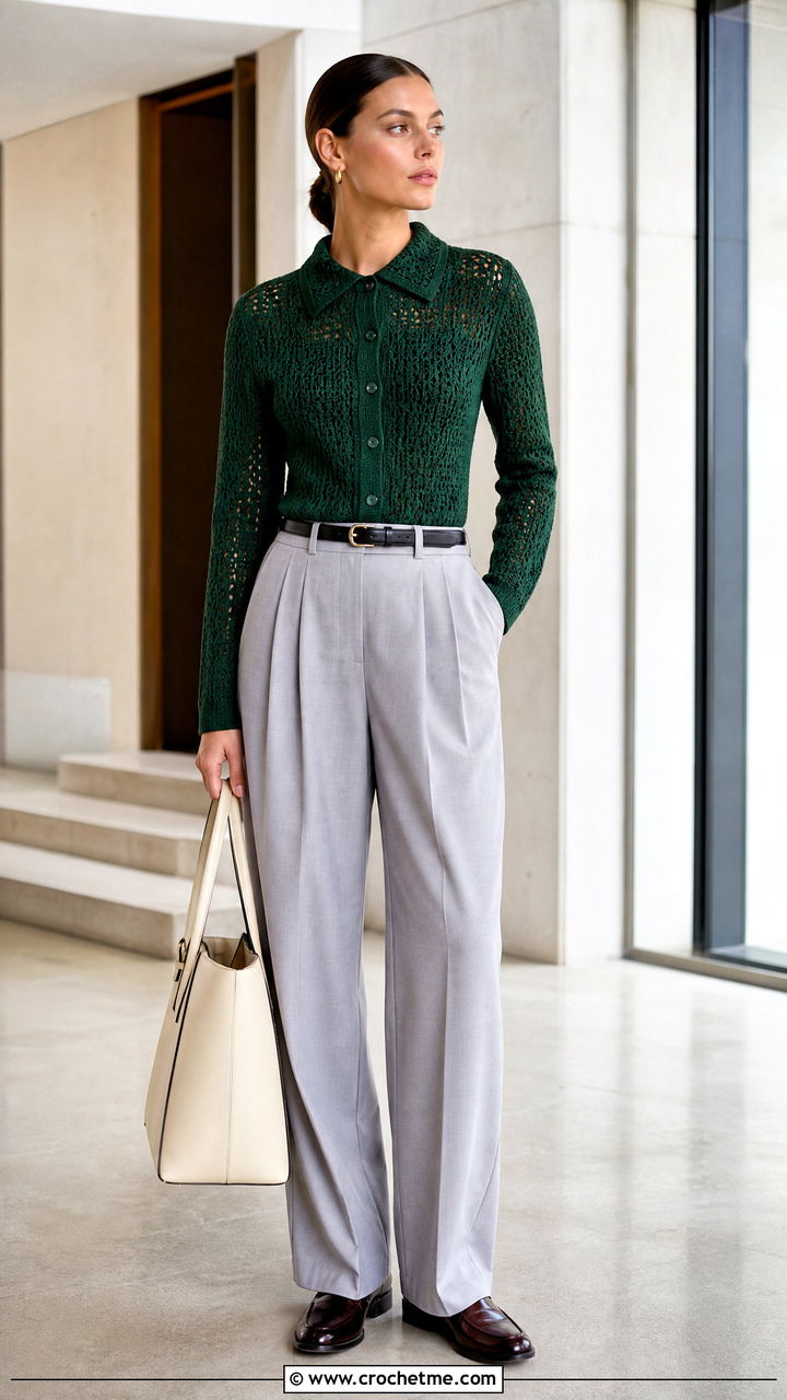 Collared Green Crochet Cardigan With Pleated Trousers - 35 green crochet cardigan outfit ideas