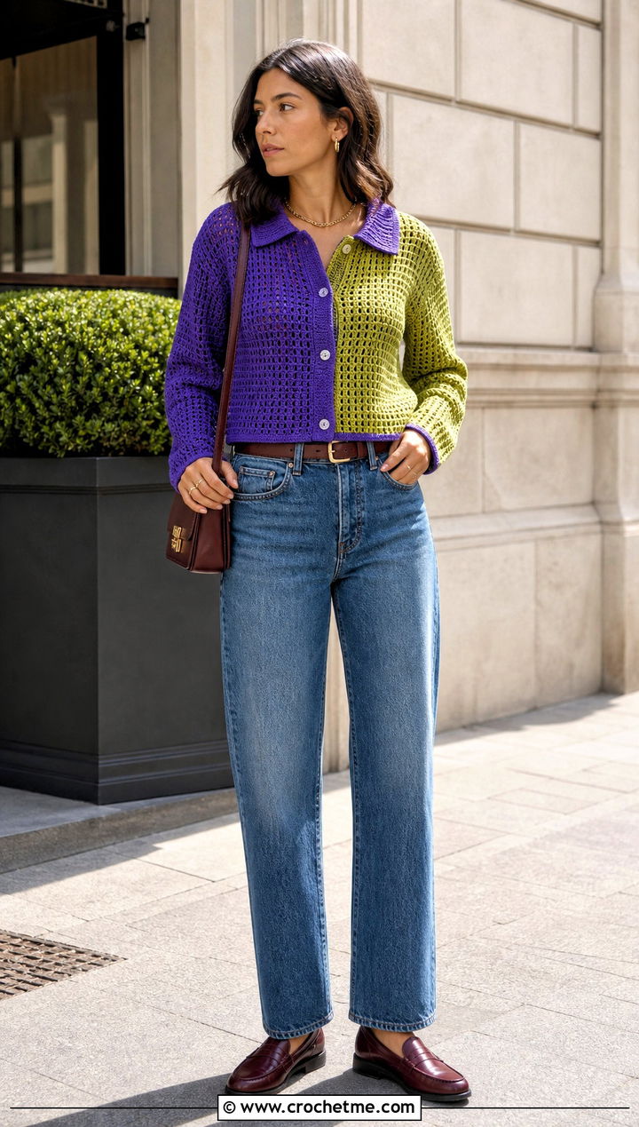 Collared Half And Half Crochet Cardigan With Straight Leg Jeans - 20 Half And Half Crochet Cardigan outfit ideas