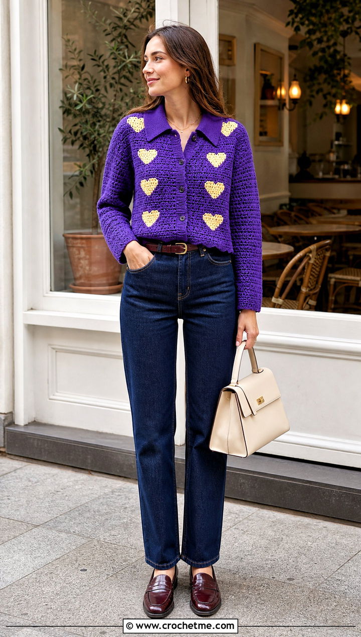 Collared Heart Cardigan With Straight Leg Jeans - 35 crochet heart cardigan outfit ideas