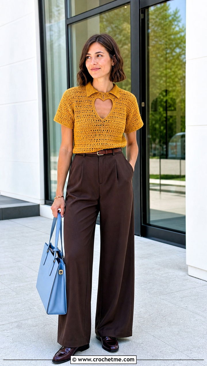 Collared Heart Cut Out Crochet Top With Wide Leg Chinos - 25 Heart Cut Out Crochet Top outfit ideas