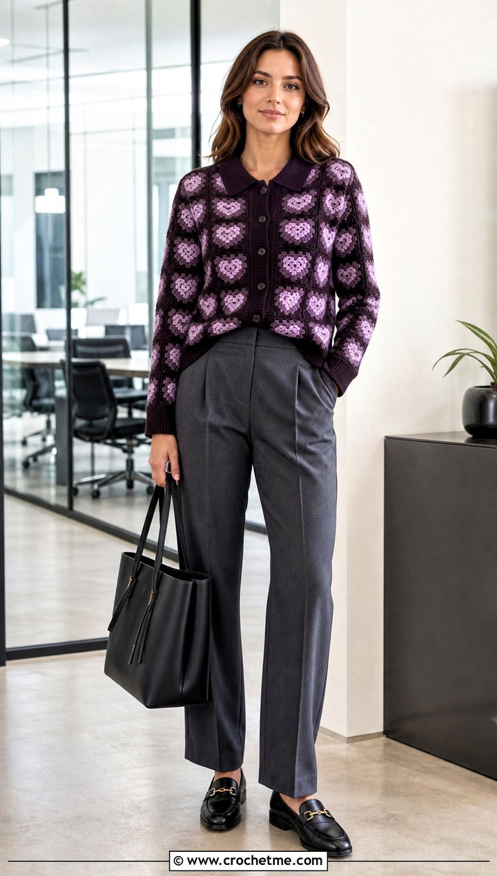 Collared Heart Granny Square Cardigan With Gray Suit Pants - 35 Heart Granny Square Cardigan outfit ideas