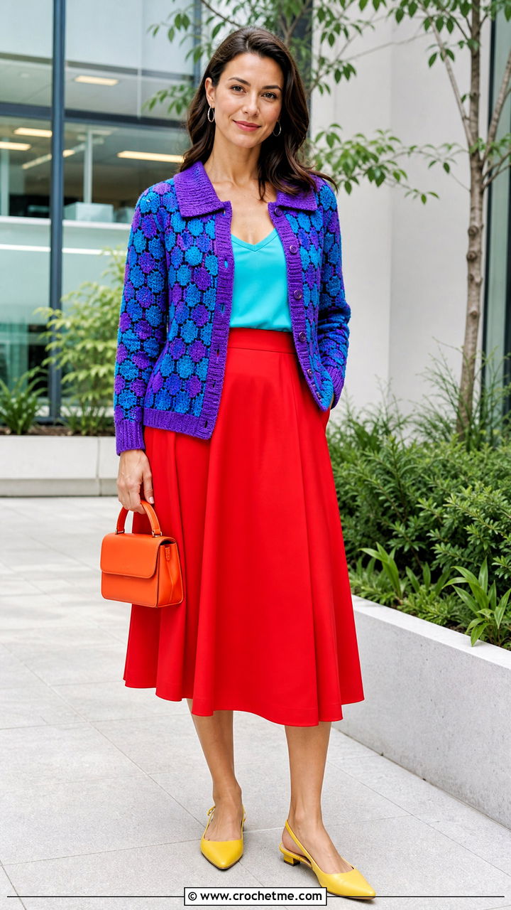 Collared Hexagon Cardigan With A Line Skirt - 35 crochet hexagon cardigan outfit ideas