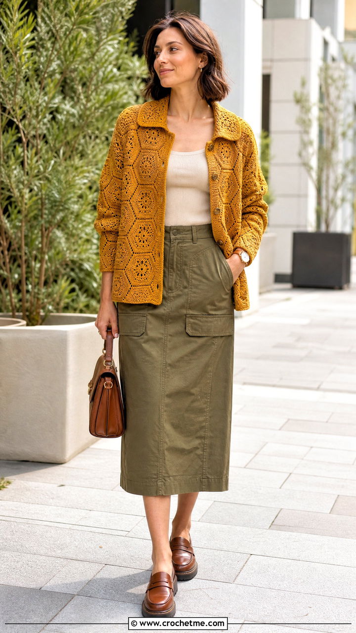Collared Hexagon Cardigan With Utility Skirt - 35 crochet hexagon sweater outfit ideas