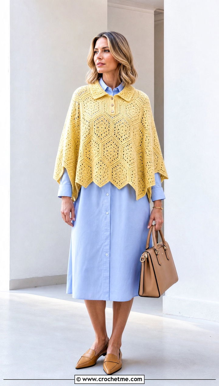 Collared Hexagon Crochet Poncho With Shirt Dress - 20 Hexagon Crochet Poncho outfit ideas