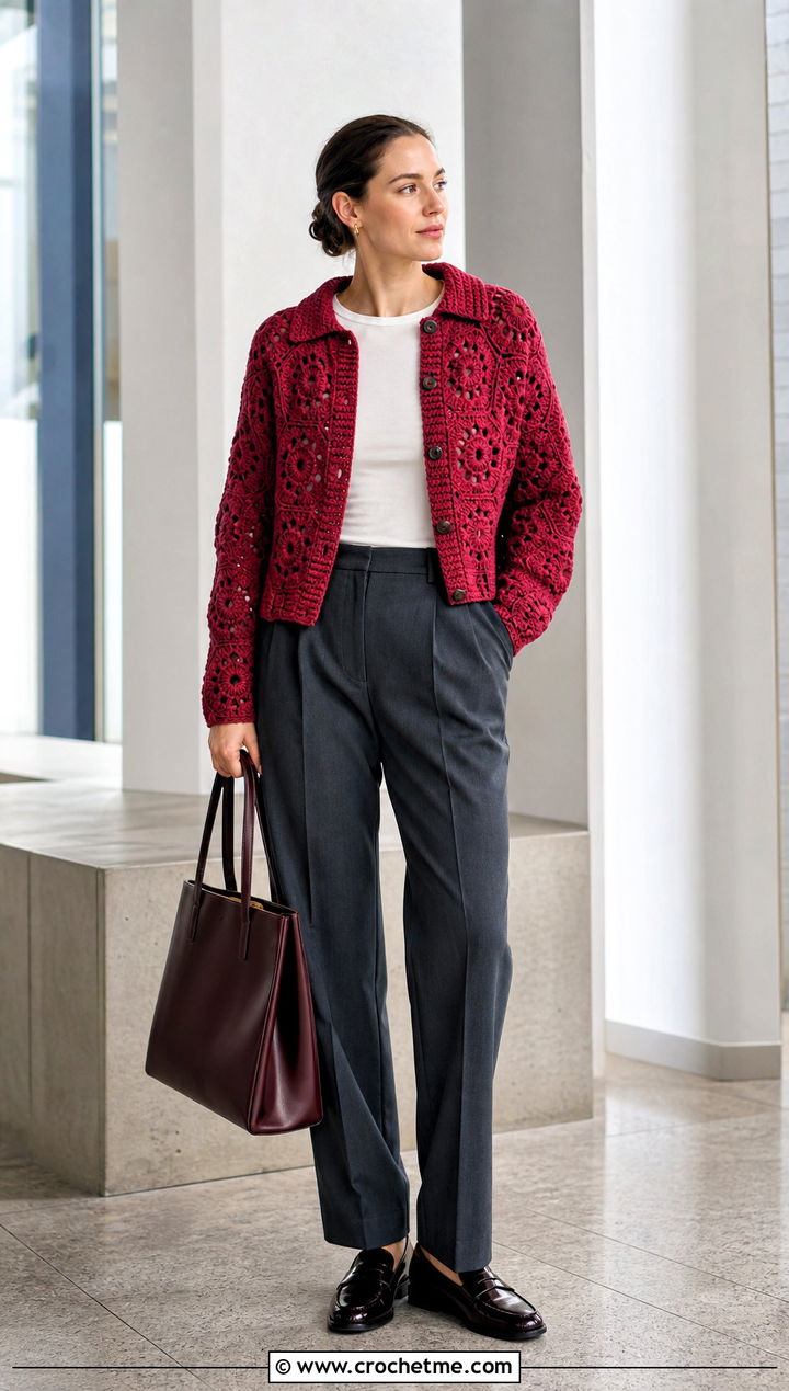 Collared Hexagon Granny Square Cardigan With Tailored Trousers - 35 hexagon granny square sweater outfit ideas