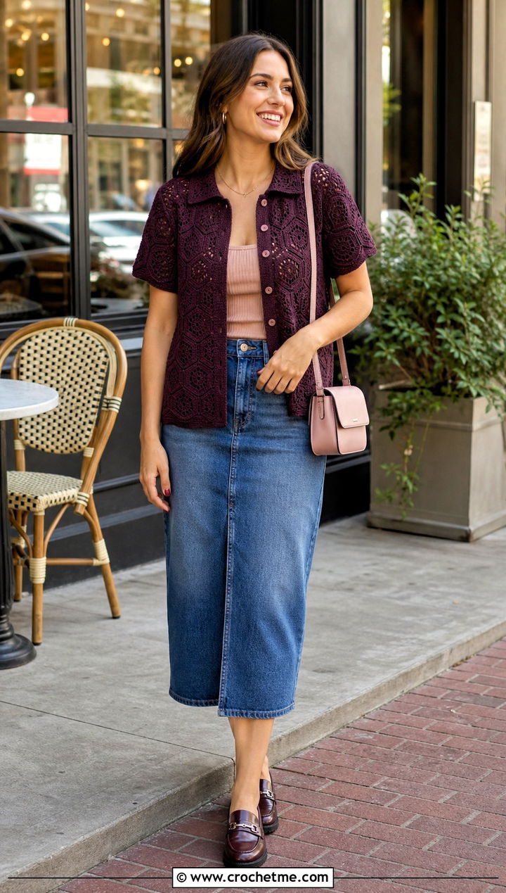 Collared Hexagon Shirt Top With Denim Midi Skirt - 35 crochet hexagon top outfit ideas