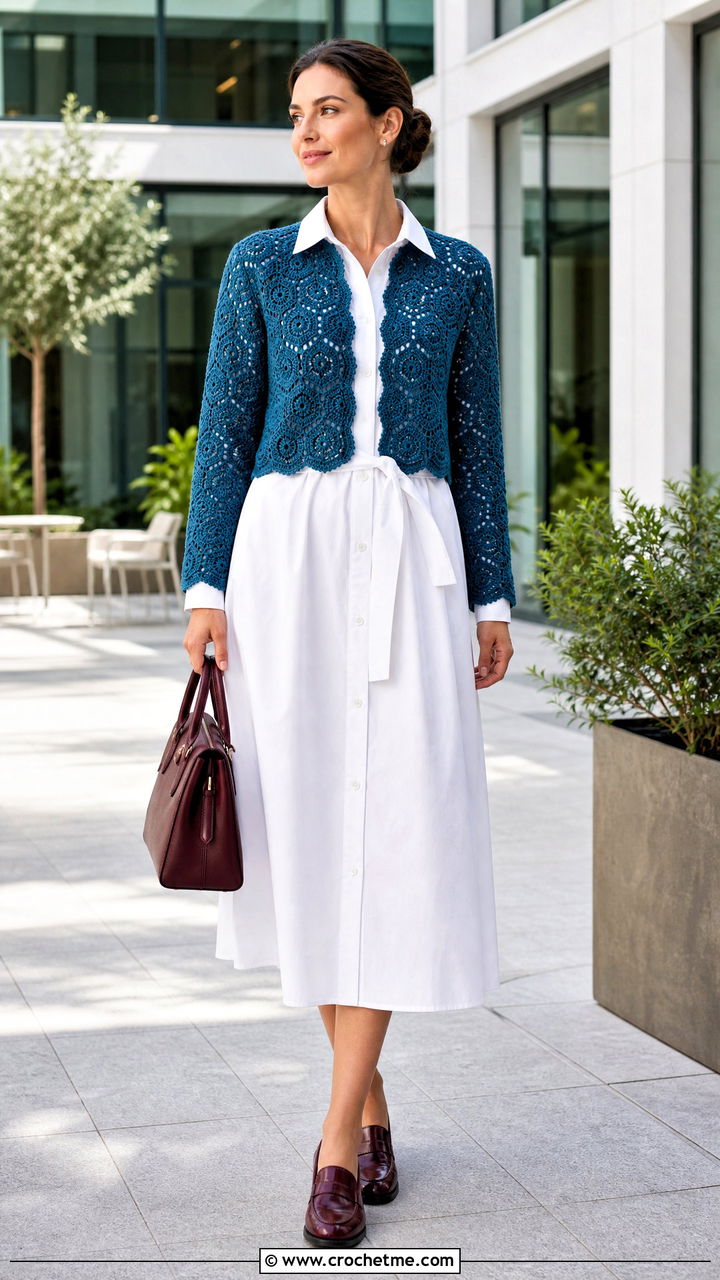 Collared Hexi Cardi With Poplin Shirt Dress - 35 crochet hexi cardi outfit ideas