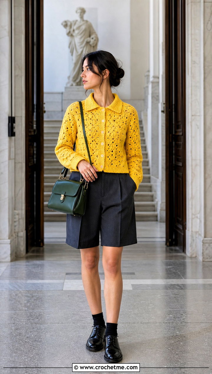 Collared Hexi Cardigan With Bermuda Shorts And Oxfords - 35 crochet hexi cardigan outfit ideas