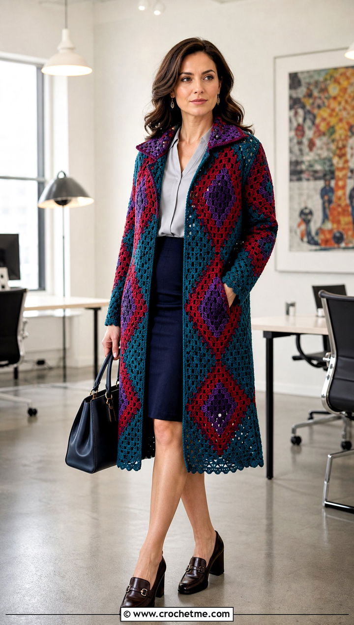 Collared Howl Crochet Coat With Pencil Skirt - 25 howl crochet coat outfit ideas