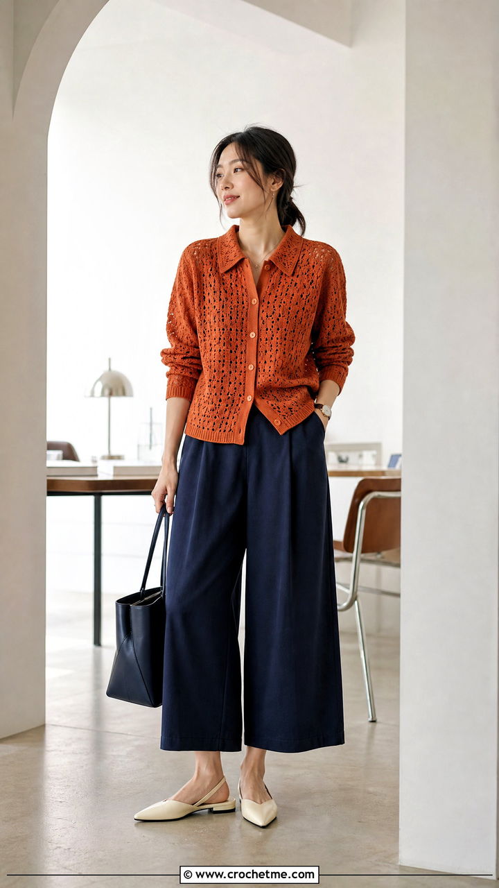 Collared Lace Cardigan With Culotte Pants - 35 crochet lace cardigan outfit ideas