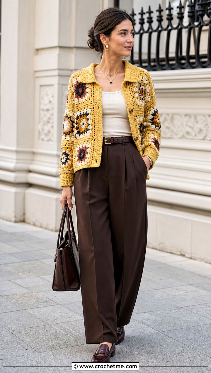 Collared Large Granny Square Sweater With Pleated Trousers - 35 large granny square sweater outfit ideas