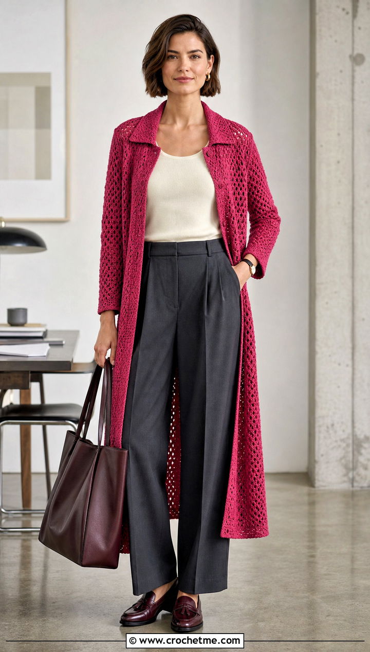 Collared Long Crochet Duster With Pleated Trousers - 25 Long Crochet Duster outfit ideas