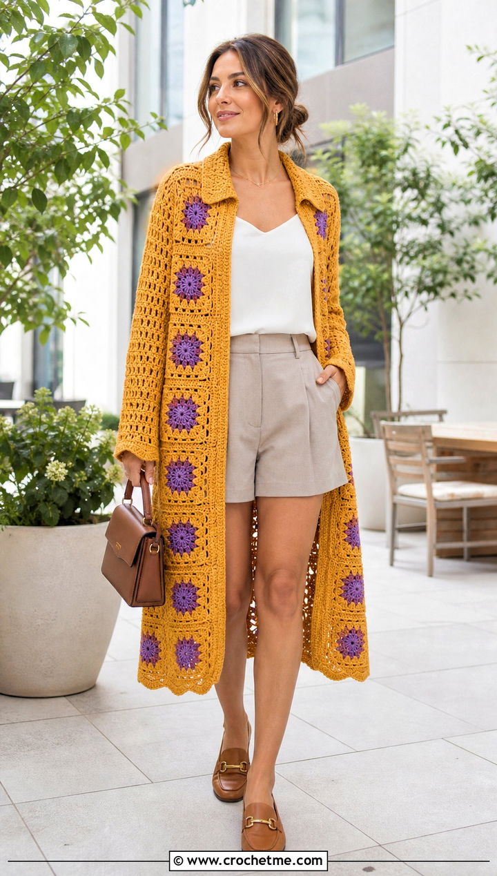 Collared Long Granny Square Cardigan With Tailored Shorts - 35 long granny square cardigan outfit ideas