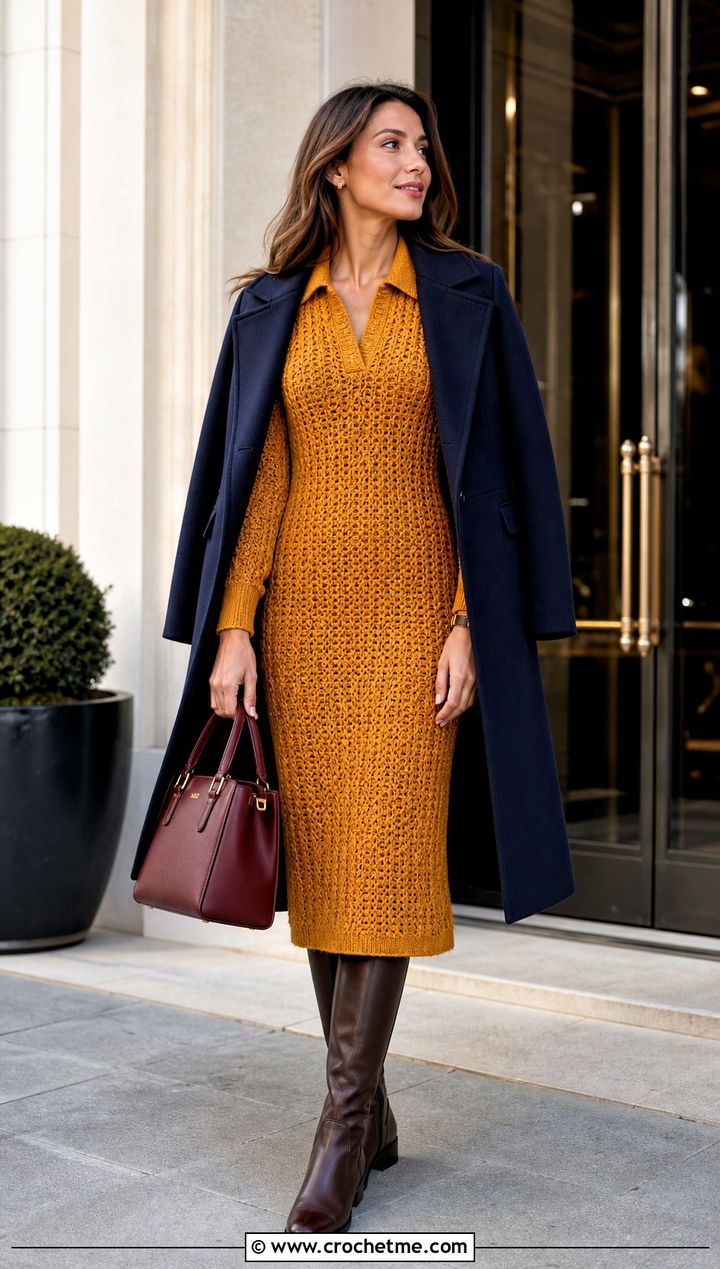 Collared Long Sleeve Crochet Sweater Dress With Riding Boots - 25 long sleeve crochet sweater dress outfit ideas