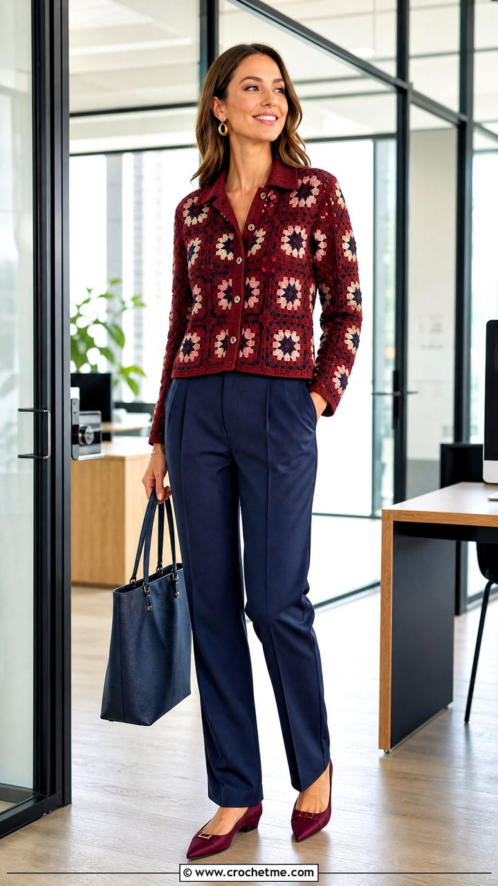 Collared Long Sleeve Granny Square Shirt With Suit Trousers - 35 granny square shirt outfit ideas