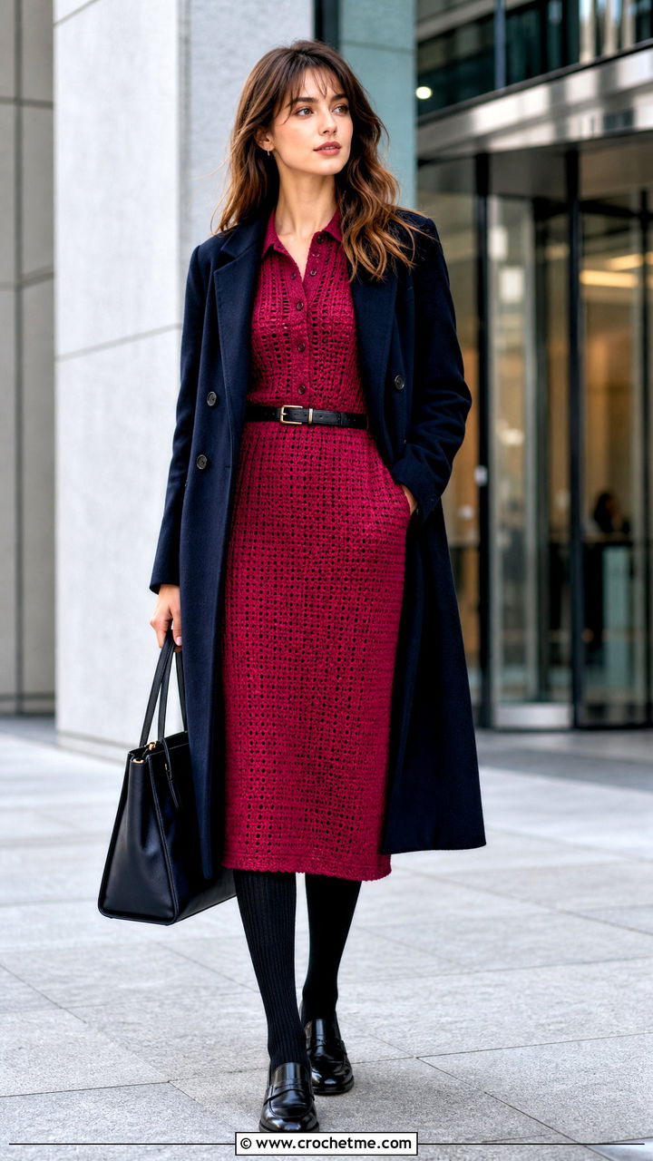 Collared Midi Crochet Winter Dress With Tailored Coat - 35 crochet winter dress outfit ideas