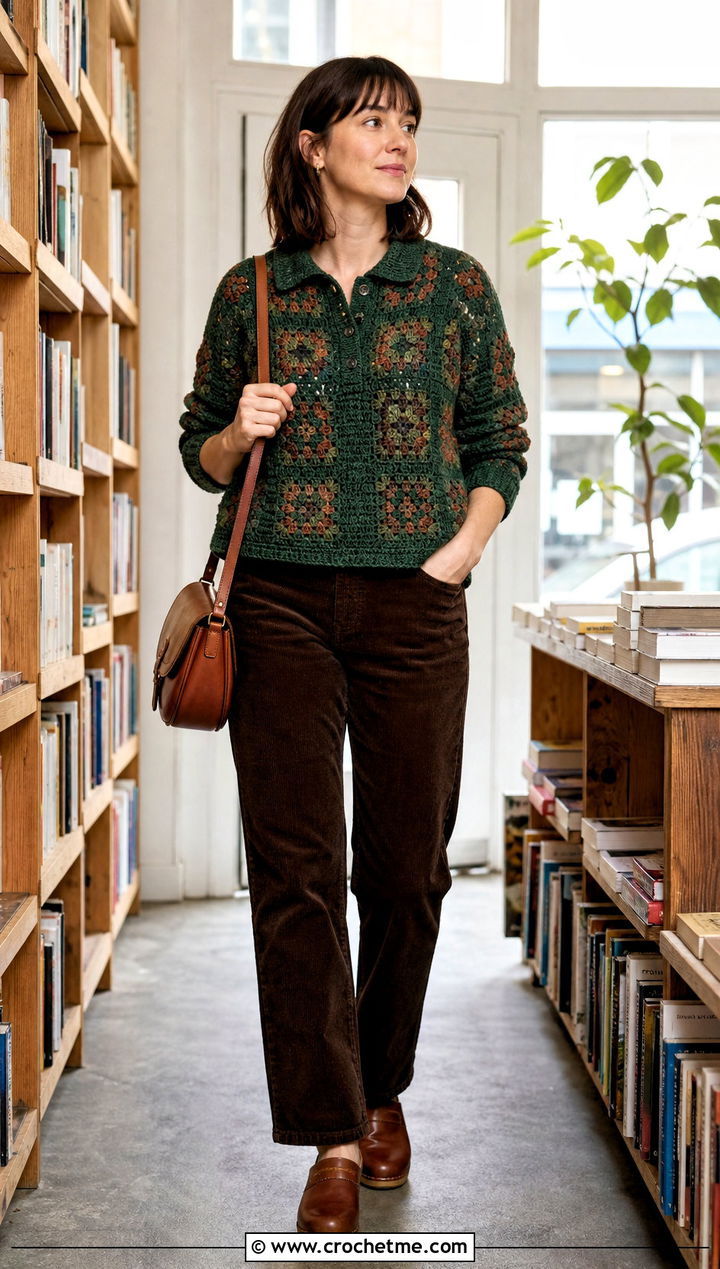 Collared Mosaic Crochet Sweater With Corduroy Pants - 25 Mosaic Crochet Sweater outfit ideas