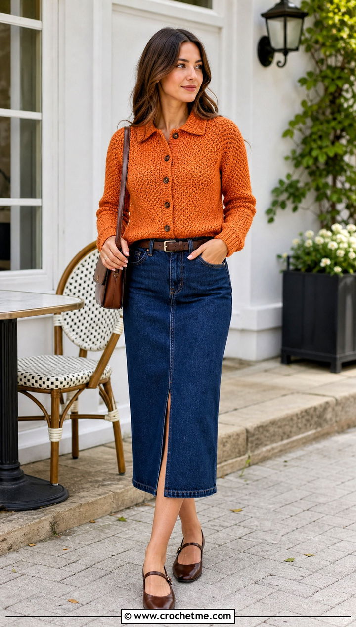 Collared Moss Stitch Cardigan With Denim Midi Skirt - 30 crochet moss stitch cardigan outfit ideas