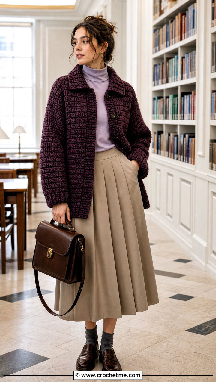 Collared Oversized Chunky Crochet Cardigan With Pleated Skirt - 25 oversized chunky crochet cardigan outfit ideas
