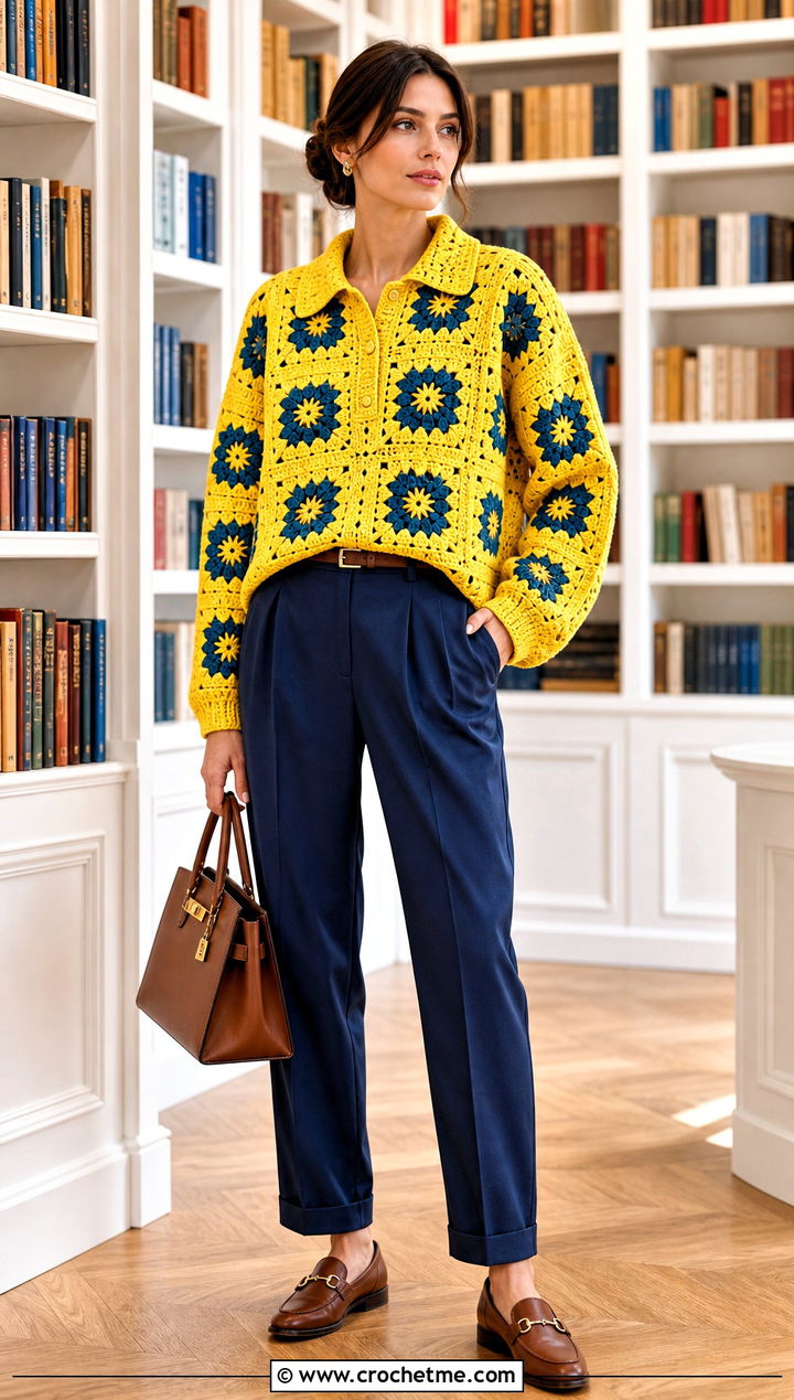 Collared Oversized Granny Square Sweater With Chino Pants - 30 oversized granny square sweater outfit ideas