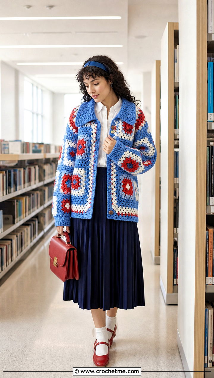 Collared Oversized Patchwork Crochet Cardigan With Pleated Midi Skirt - 15 oversized patchwork crochet cardigan outfit ideas