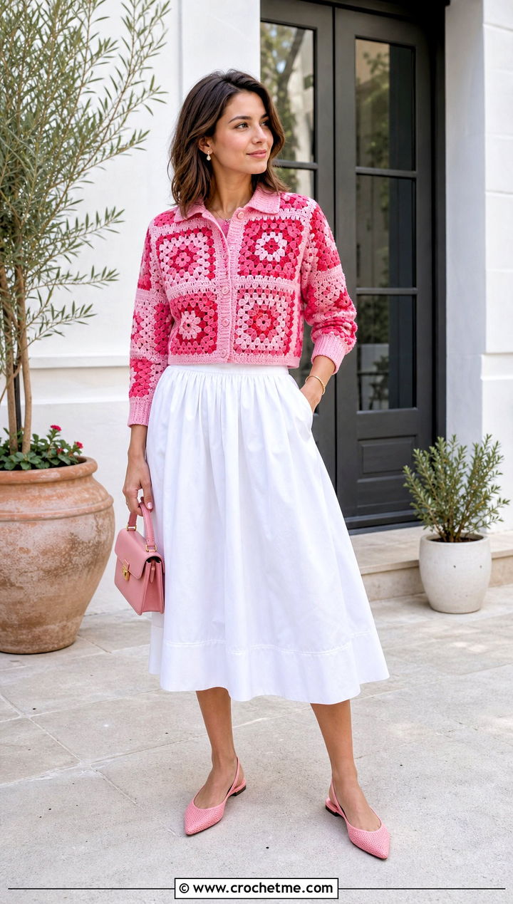 Collared Patchwork Cardigan With a Poplin Skirt - 30 crochet patch work cardigan outfit ideas