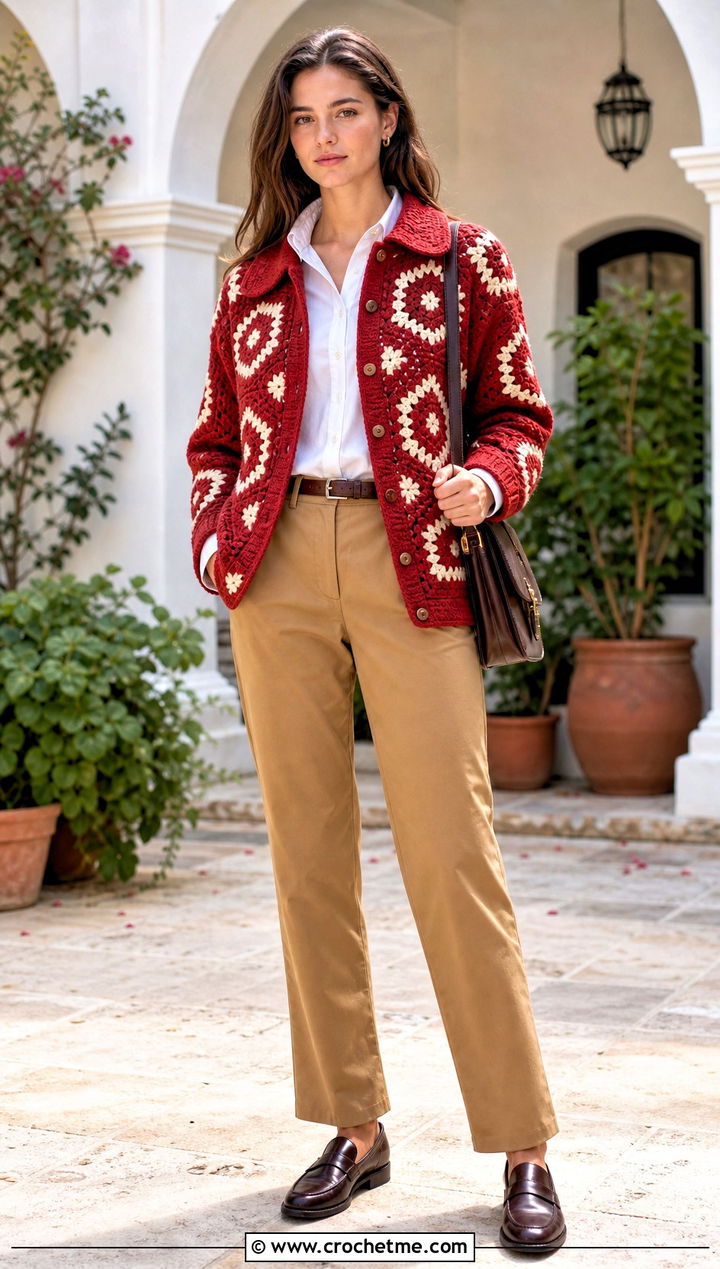 Collared Pentagon Granny Square Cardigan With Shirt And Chinos - 25 Pentagon Granny Square Cardigan outfit ideas