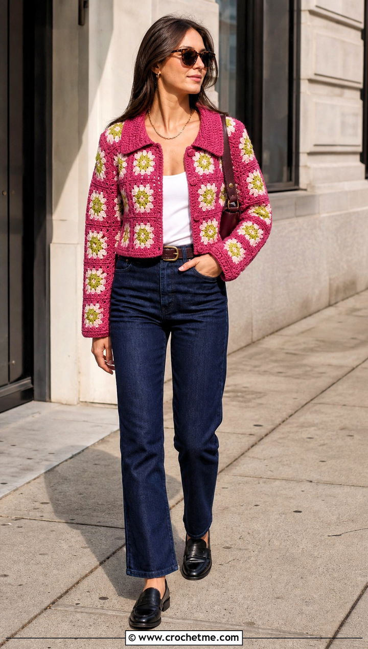 Collared Pink Granny Square Cardigan With Straight Jeans - 35 pink granny square cardigan outfit ideas