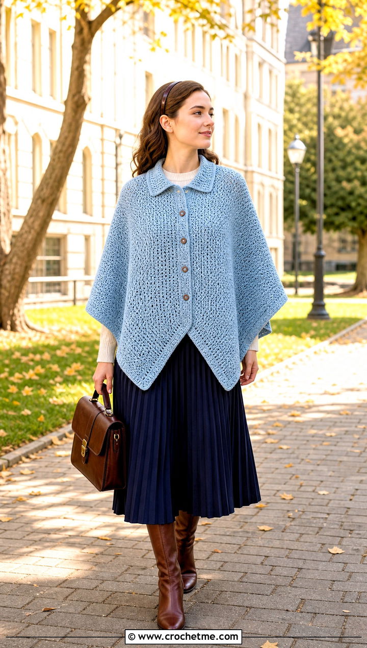 Collared Poncho Buttoned Crochet Wrap With Pleated Midi Skirt - 15 Buttoned Crochet Wrap outfit ideas
