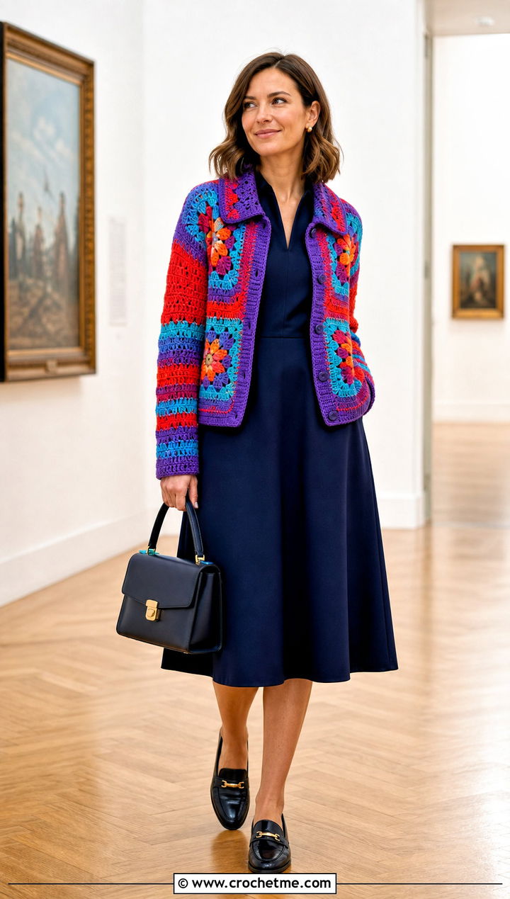 Collared Rainbow Crochet Cardigan With A Line Dress - 25 Rainbow Crochet Cardigan outfit ideas