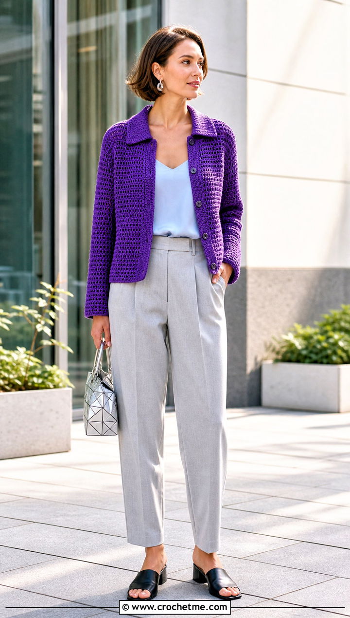 Collared Rectangle Crochet Cardigan With Pleated Trousers - 20 Crochet Cardigan From Rectangle outfit ideas