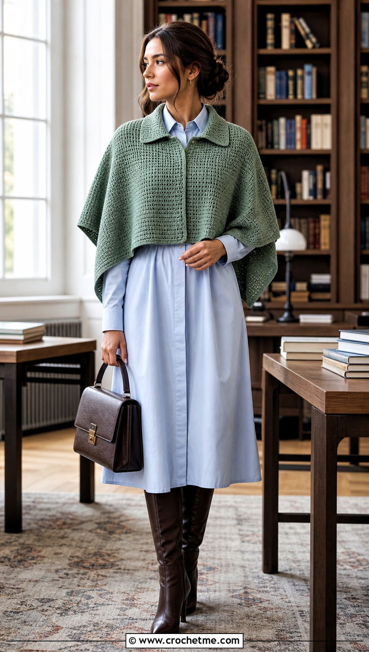 Collared Rectangle Poncho With Shirt Dress - 30 crochet rectangle poncho outfit ideas