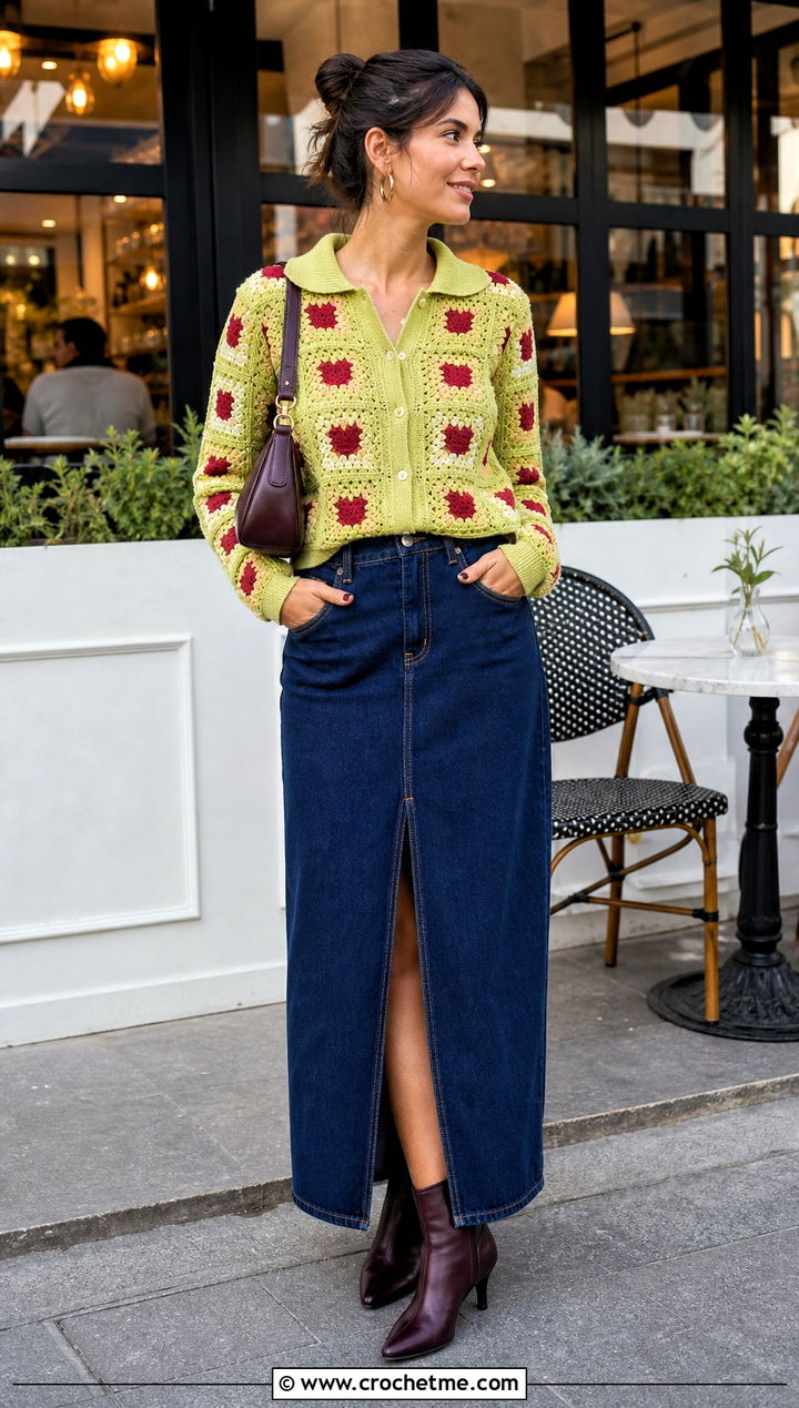 Collared Red Heart Granny Square Cardigan With Denim Maxi Skirt - 15 red heart granny square cardigan outfit ideas