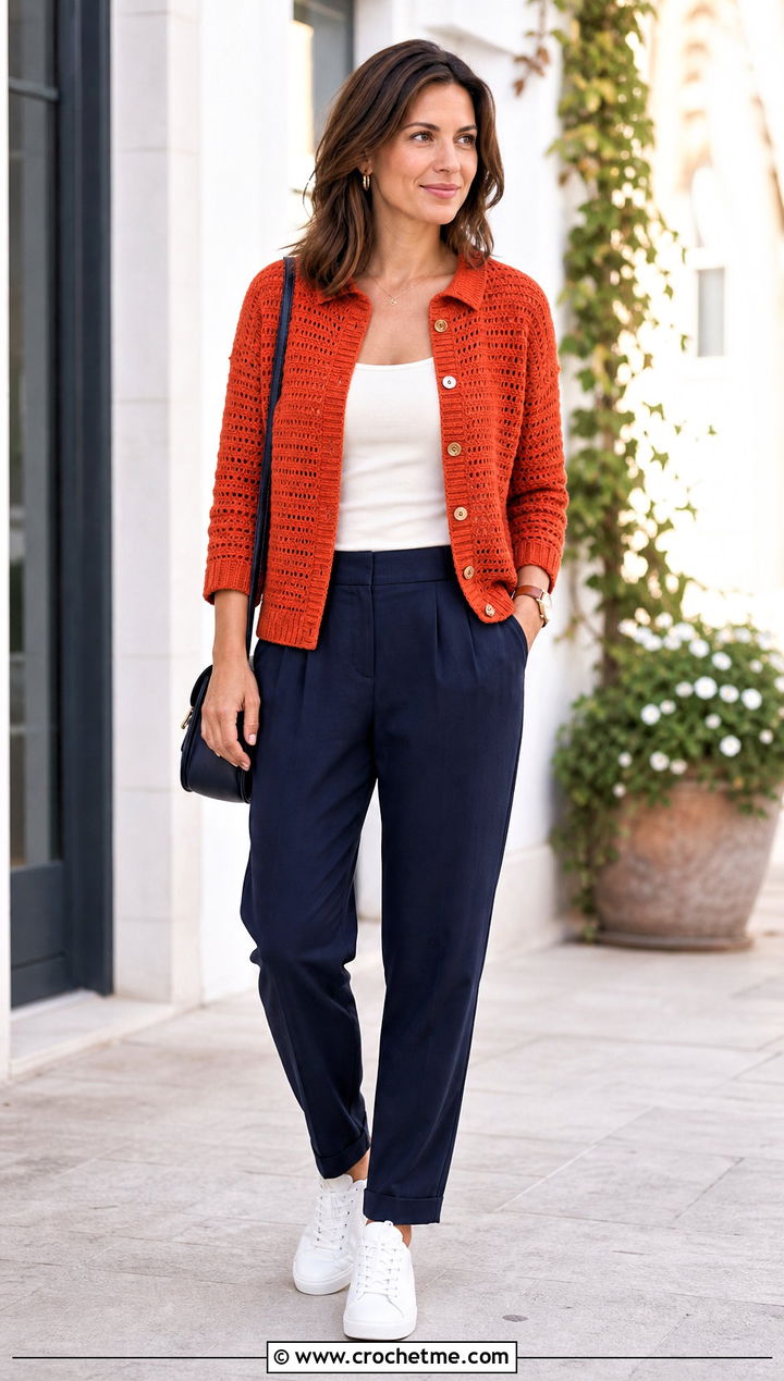 Collared Rust Colored Crochet Cardigan With Pleated Chinos - 15 rust-colored crochet cardigan outfit ideas