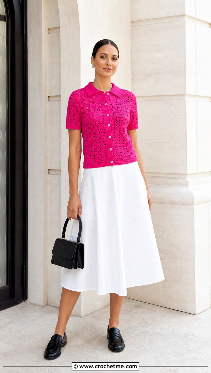 Collared Short Sleeve Sport Weight Crochet Cardigan With Midi Skirt - 15 Sport Weight Crochet Cardigan outfit ideas