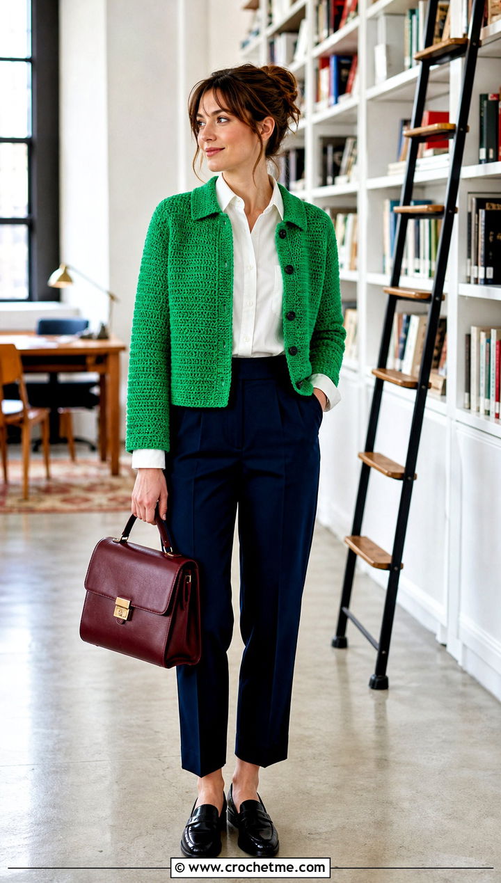 Collared Solid Hexagon Cardigan With Button Down Shirt - 30 crochet solid hexagon cardigan outfit ideas
