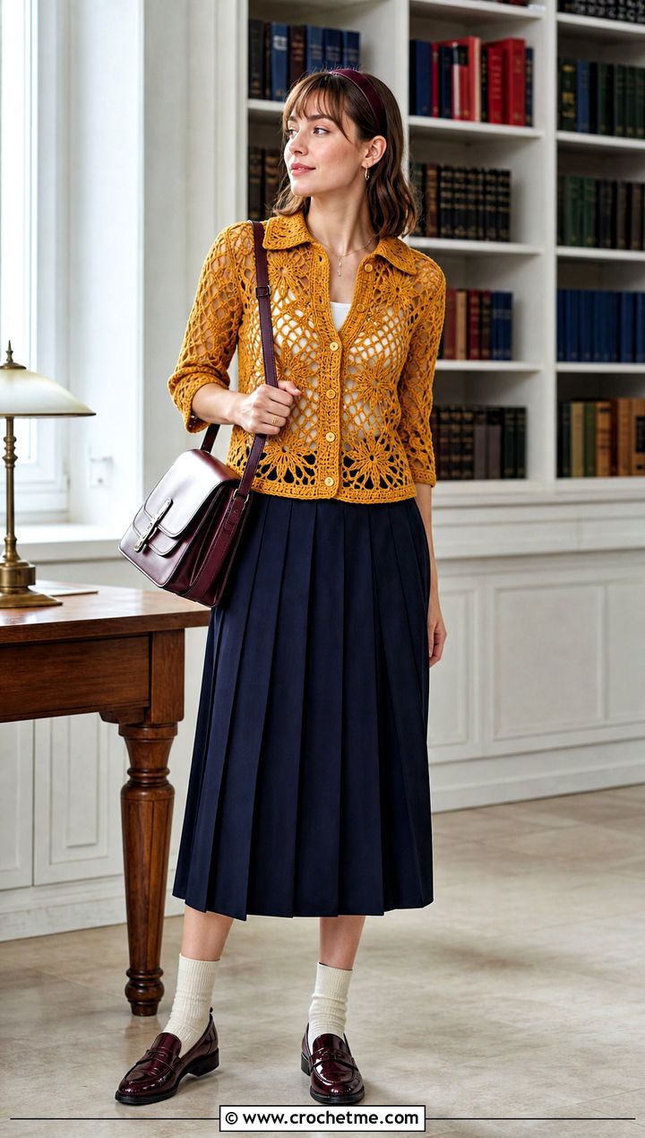 Collared Spider Crochet Top With Pleated Skirt - 35 spider crochet top outfit ideas