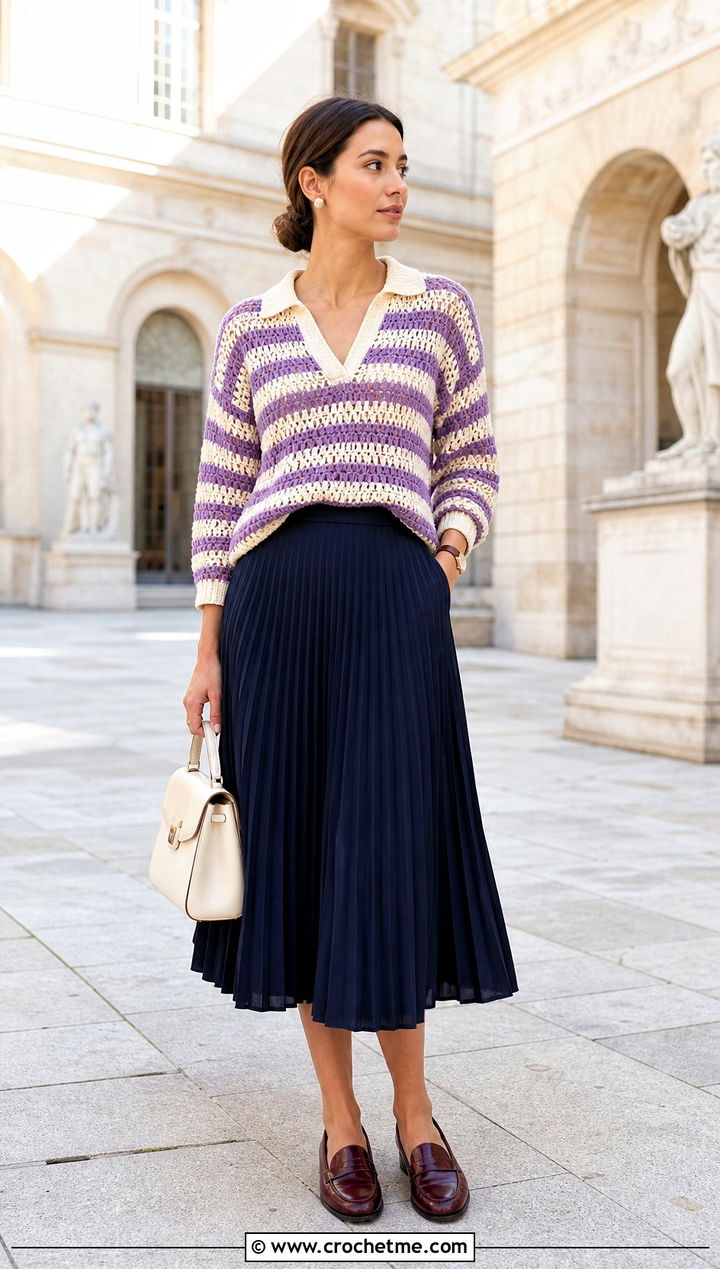 Collared Striped V Neck Crochet Sweater With Pleated Midi Skirt - 15 v-neck crochet sweater outfit ideas