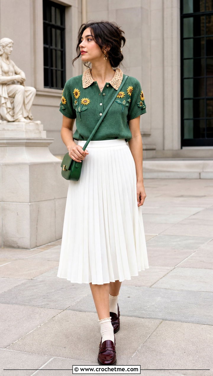 Collared Sunflower Polo Top With Pleated Skirt - 35 crochet sunflower top outfit ideas